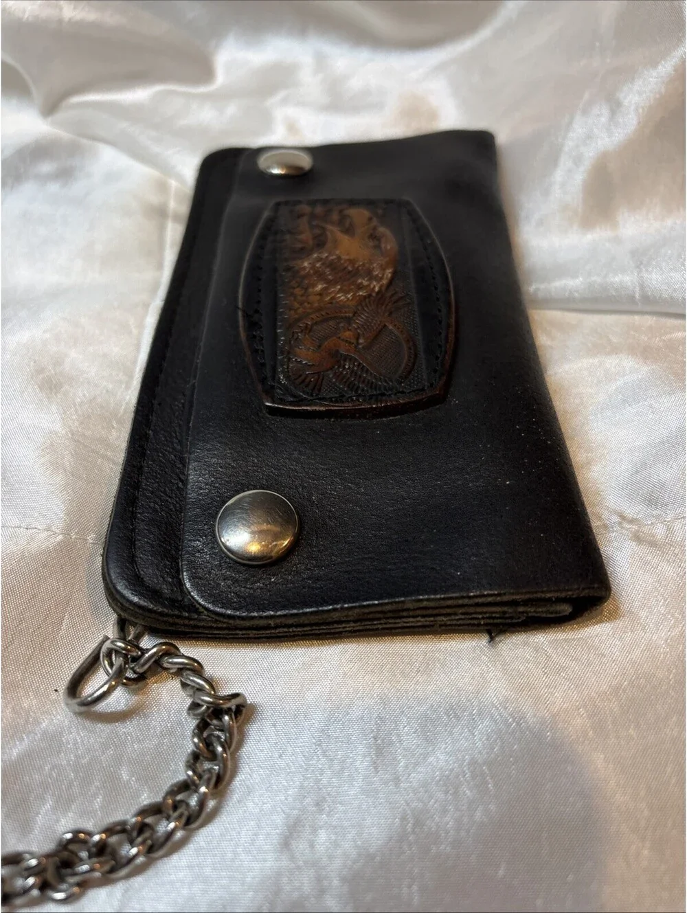 VTG Genuine Handcrafted Leather Biker Bifold Wallet, Chain Black Embossed Eagle